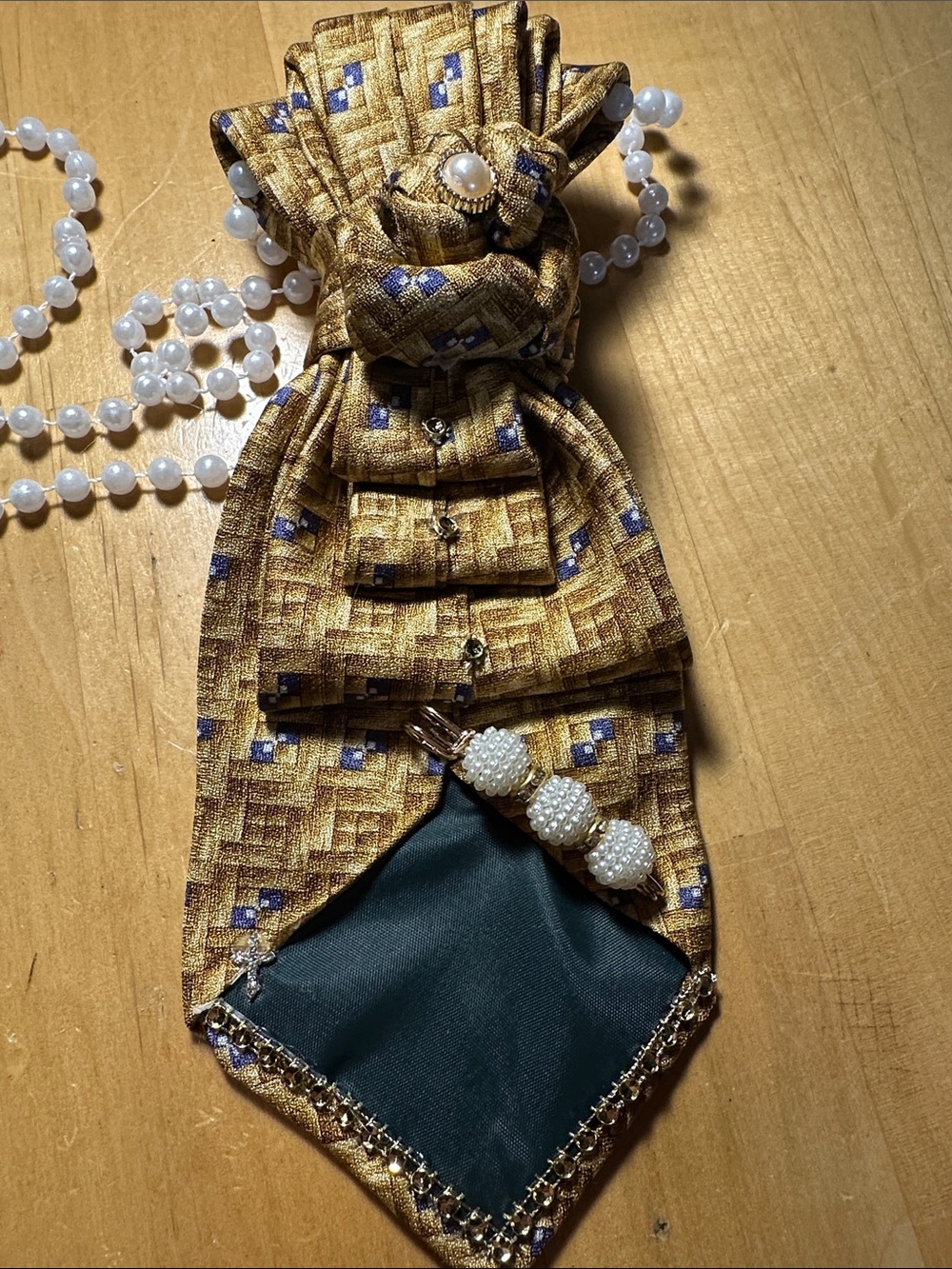 Gold Patterned Necklace Tie with Pearl Accents